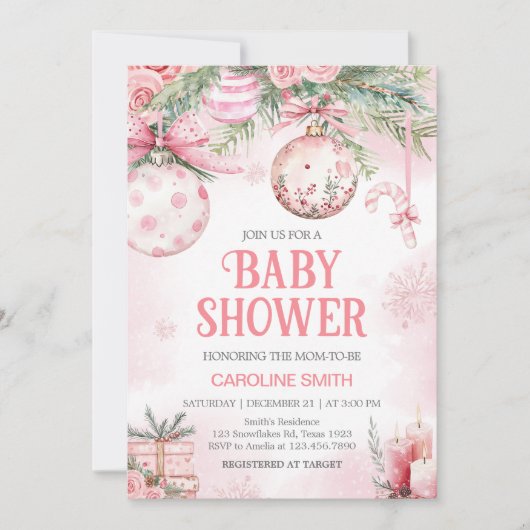 ピンクのクリスマスオーナメント冬の赤ちゃんシャワー 招待状 (正面)