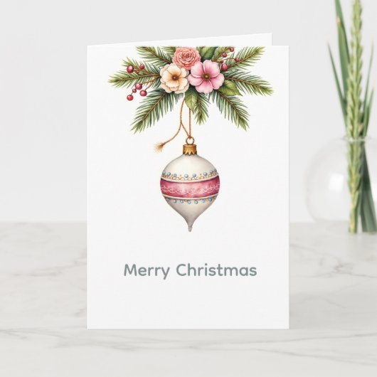 ピンクのクリスマスオーナメント ホリデーカード (正面)