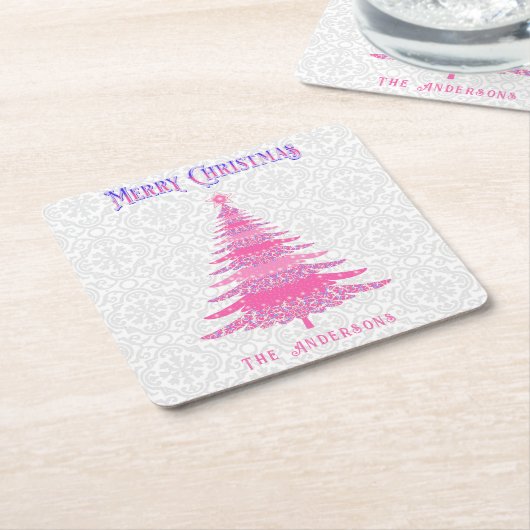 ピンクのクリスマスカスタム名エレガントモダン スクエアペーパーコースター (アングル)