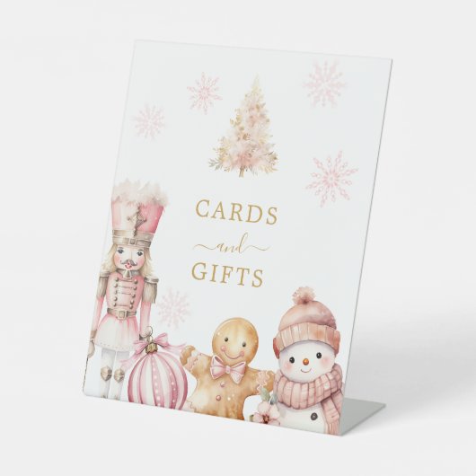 ピンクのクリスマスガールベビーシャワーカードとギフト 台座サイン (正面)
