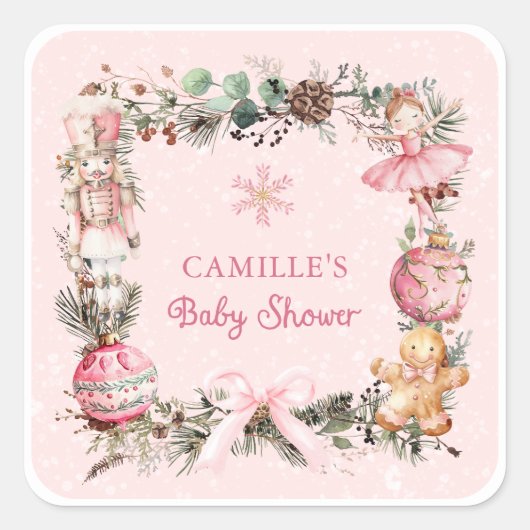 ピンクのクリスマスガールベビーシャワー スクエアシール (正面)