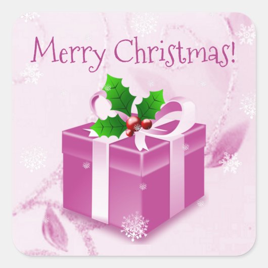 ピンクのクリスマスギフトステッカー スクエアシール (正面)