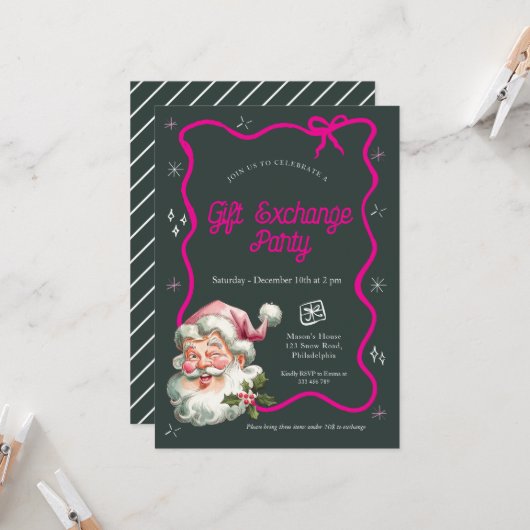 ピンクのクリスマスギフト交換パーティー 招待状 (正面/裏面インサイチュ)