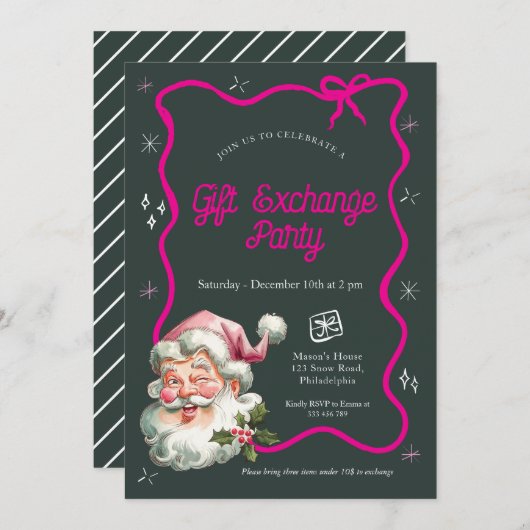 ピンクのクリスマスギフト交換パーティー 招待状 (正面/裏面)