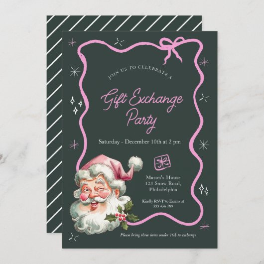 ピンクのクリスマスギフト交換パーティー 招待状 (正面/裏面)