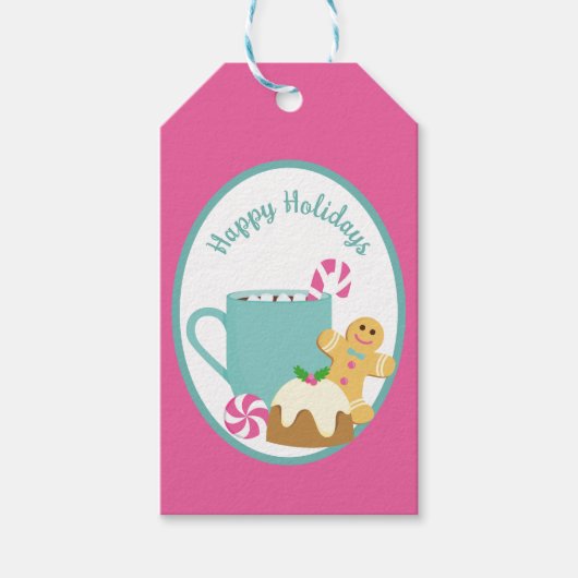 ピンクのクリスマスクッキーとココアギフトラベル ギフトタグ (正面)