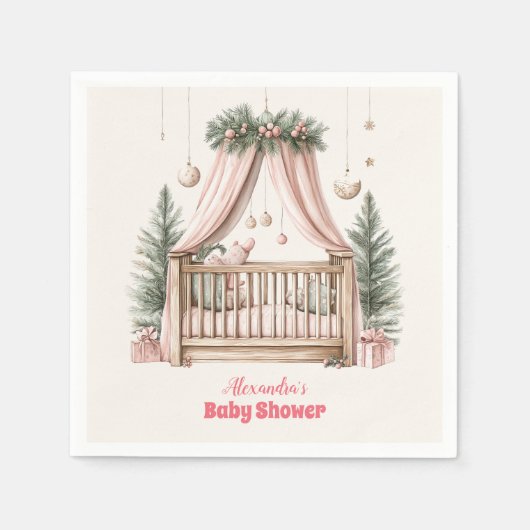 ピンクのクリスマスクリブベビーシャワー スタンダードカクテルナプキン (正面)