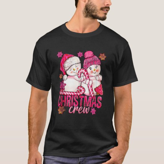 ピンクのクリスマスクルー雪だるまとキャンディーケーンクリスマスH Tシャツ (正面)