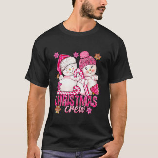 ピンクのクリスマスクルー雪だるまとキャンディーケーンクリスマスH Tシャツ