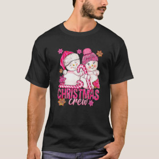 ピンクのクリスマスクルー雪だるまとキャンディーケーンクリスマスH Tシャツ