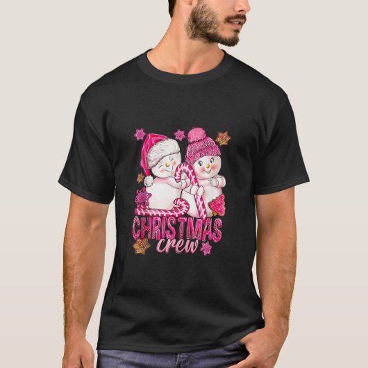 ピンクのクリスマスクルー雪だるまとキャンディーケーンクリスマスH Tシャツ (正面)