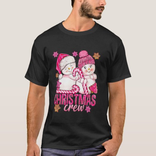 ピンクのクリスマスクルー雪だるまとキャンディーケーンクリスマスH Tシャツ (正面)
