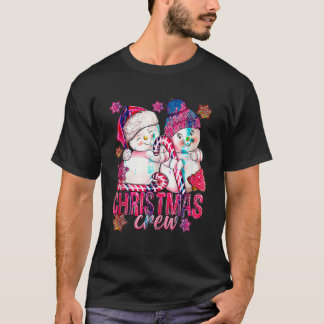 ピンクのクリスマスクルー雪だるまとキャンディーケーンクリスマスH Tシャツ