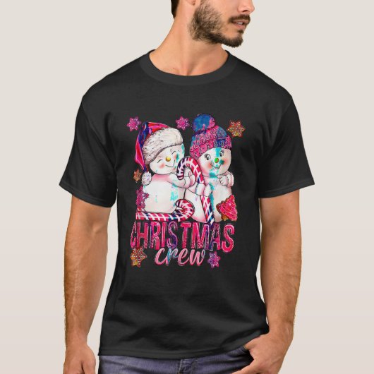 ピンクのクリスマスクルー雪だるまとキャンディーケーンクリスマスH Tシャツ (正面)