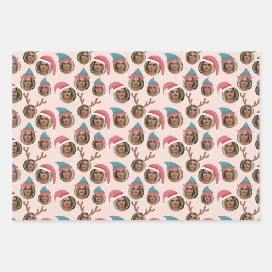 ピンクのクリスマスクルー3枚の写真カスタム写真 ラッピングペーパーシート (正面2)