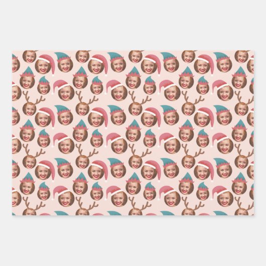 ピンクのクリスマスクルー3枚の写真カスタム写真 ラッピングペーパーシート (正面)