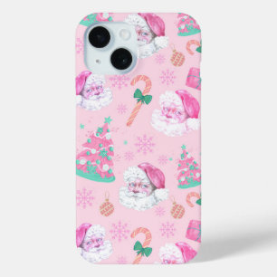 ピンクのクリスマスサンタクロースとツリーのシームレスパターン iPhone 15ケース