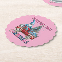 ピンクのクリスマスサンタトラック ペーパーコースター