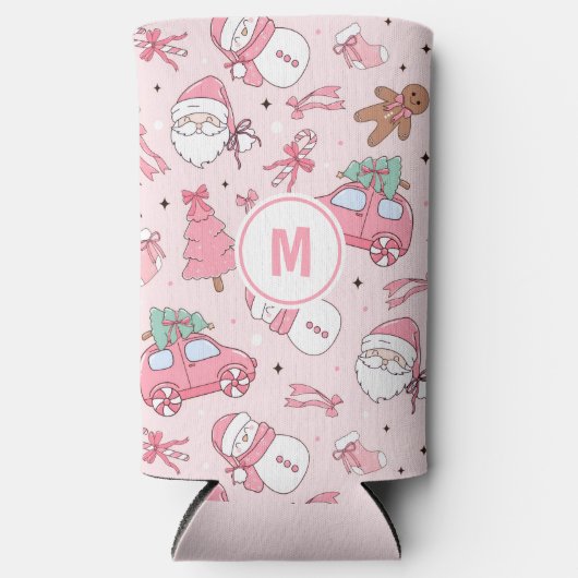 ピンクのクリスマスシームレスなパーソナライズ スリム缶クーラー (正面)