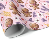 ピンクのクリスマスジンジャーブレッドとキャンディカン ラッピングペーパー (ロールコーナー)