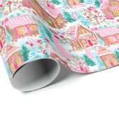 ピンクのクリスマスジンジャーブレッドの町 ラッピングペーパー (ロールコーナー)