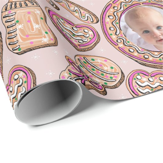ピンクのクリスマスジンジャーブレッドCookieベビー写真 ラッピングペーパー (ロールコーナー)