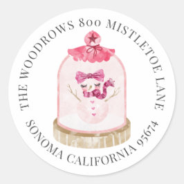 ピンクのクリスマススノーグローブ差出人住所ラベル ラウンドシール