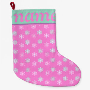 ピンクのクリスマススノーフレーク ラージクリスマスストッキング