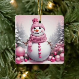 ピンクのクリスマススノーマン セラミックオーナメント