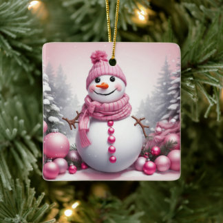 ピンクのクリスマススノーマン セラミックオーナメント