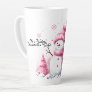 ピンクのクリスマススノーマン+マシュマロワールド カフェラテマグ