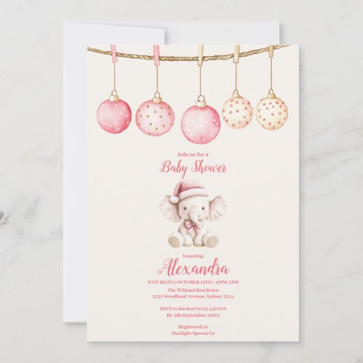 ピンクのクリスマスゾウの赤ちゃんシャワー 招待状 (正面)
