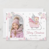 ピンクのクリスマスツリーかわいいテディのアーチ写真 シーズンカード (正面)