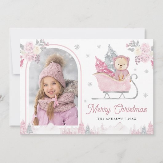 ピンクのクリスマスツリーかわいいテディのアーチ写真 シーズンカード (正面)