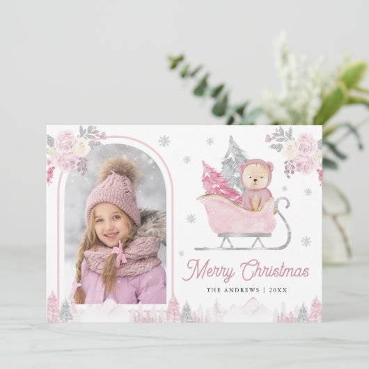 ピンクのクリスマスツリーかわいいテディのアーチ写真 シーズンカード (スタンド正面)
