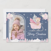ピンクのクリスマスツリーかわいいテディアーチフォトブルー シーズンカード (正面)
