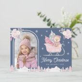 ピンクのクリスマスツリーかわいいテディアーチフォトブルー シーズンカード (スタンド正面)