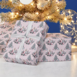 ピンクのクリスマスツリーとキャンドルの包装紙 ラッピングペーパー
