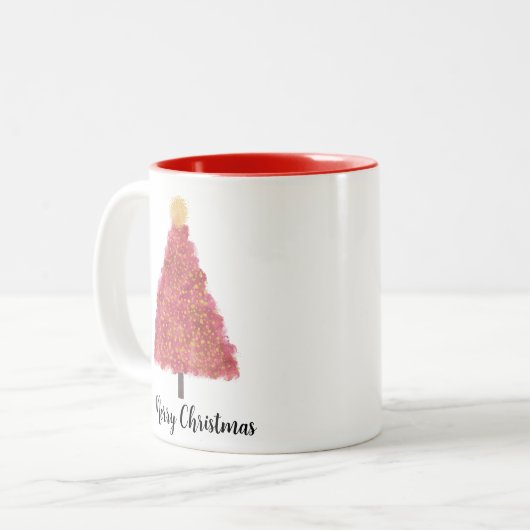 ピンクのクリスマスツリーとグリッター ツートーンマグカップ (正面左)