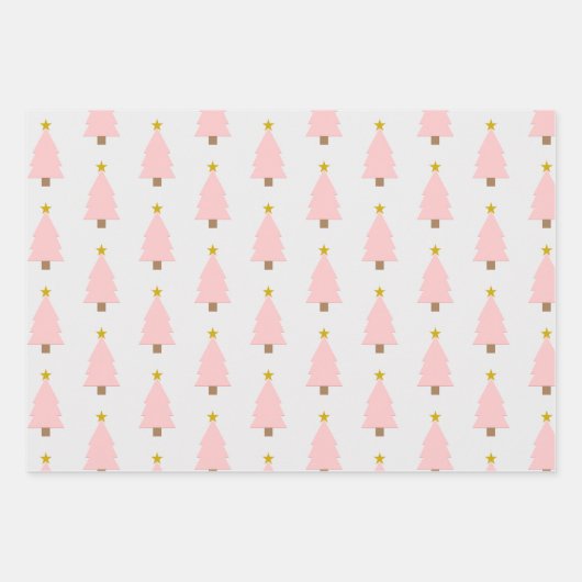 ピンクのクリスマスツリーとゴールデンスター、ピンク'nブラウン ラッピングペーパーシート (正面)