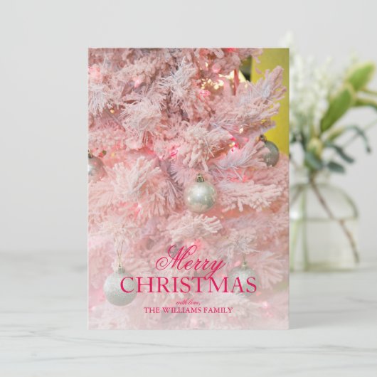 ピンクのクリスマスツリーとシルバーオーナメント シーズンカード (スタンド正面)