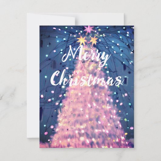 ピンクのクリスマスツリーとライトきらめく休日 シーズンカード (正面)