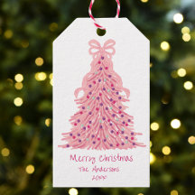 ピンクのクリスマスツリーとリボンのギフトタグ