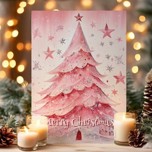 ピンクのクリスマスツリーと星メリークリスマス シーズンカード