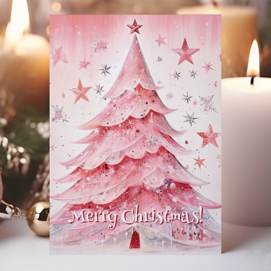 ピンクのクリスマスツリーと星メリークリスマス シーズンカード