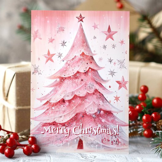 ピンクのクリスマスツリーと星メリークリスマス シーズンカード