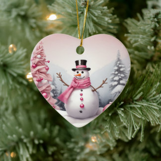 ピンクのクリスマスツリーと雪だるま オーダーメイド セラミックオーナメント