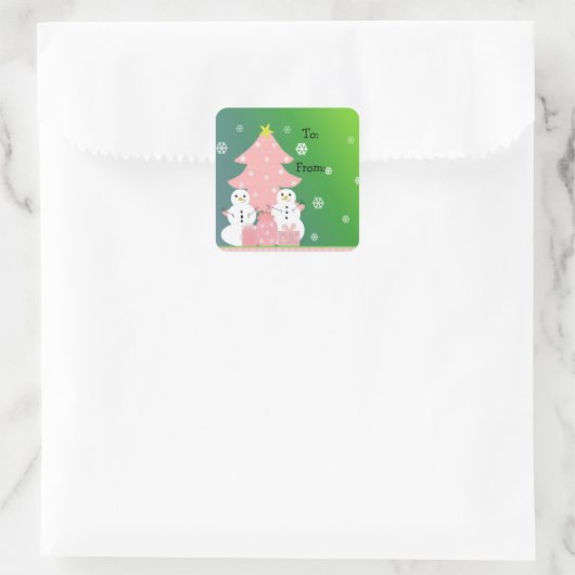 ピンクのクリスマスツリーと雪だるま スクエアシール (バッグ)