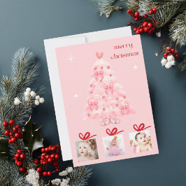ピンクのクリスマスツリーのかわいい写真ギフトのカスタムデザイン シーズンカード