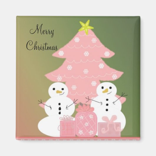 ピンクのクリスマスツリーのそばの雪だるま マグネット (正面)